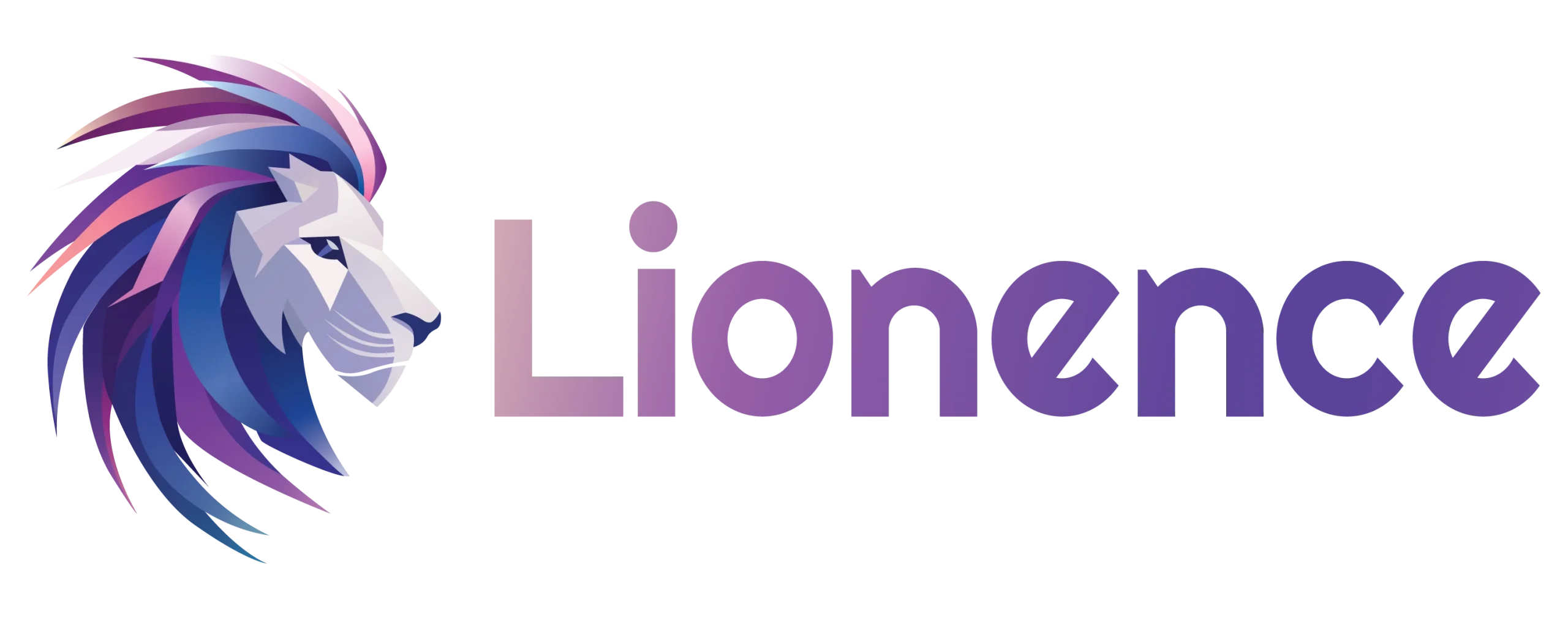 Lionence logo with lionence text featuring a stylized lion head with a vibrant mane in shades of purple, pink, and blue on a transparent background.