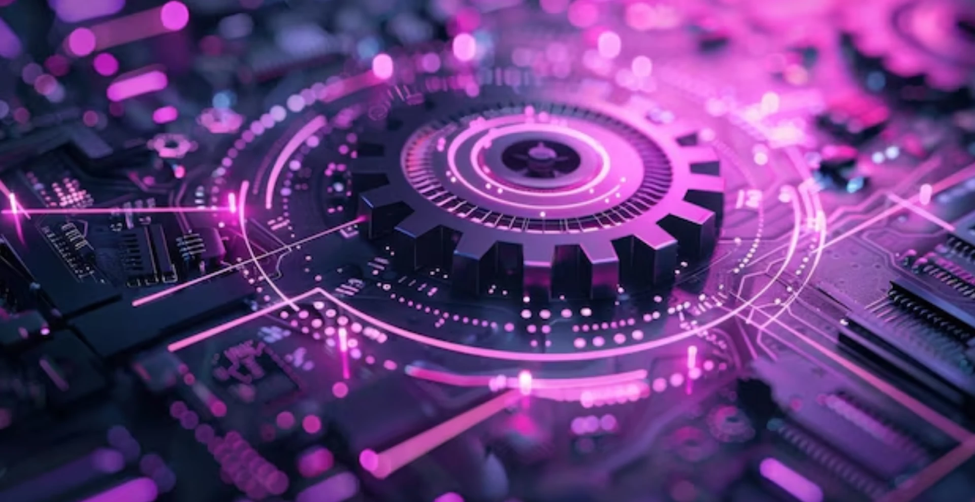 Close-up of a futuristic circuit board with glowing pink and purple circuitry surrounding a central gear-like structure.