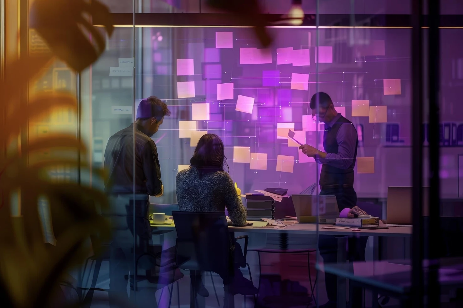 Team collaborating in a glass-walled meeting room with sticky notes covering a wall, illuminated by purple and yellow lighting.