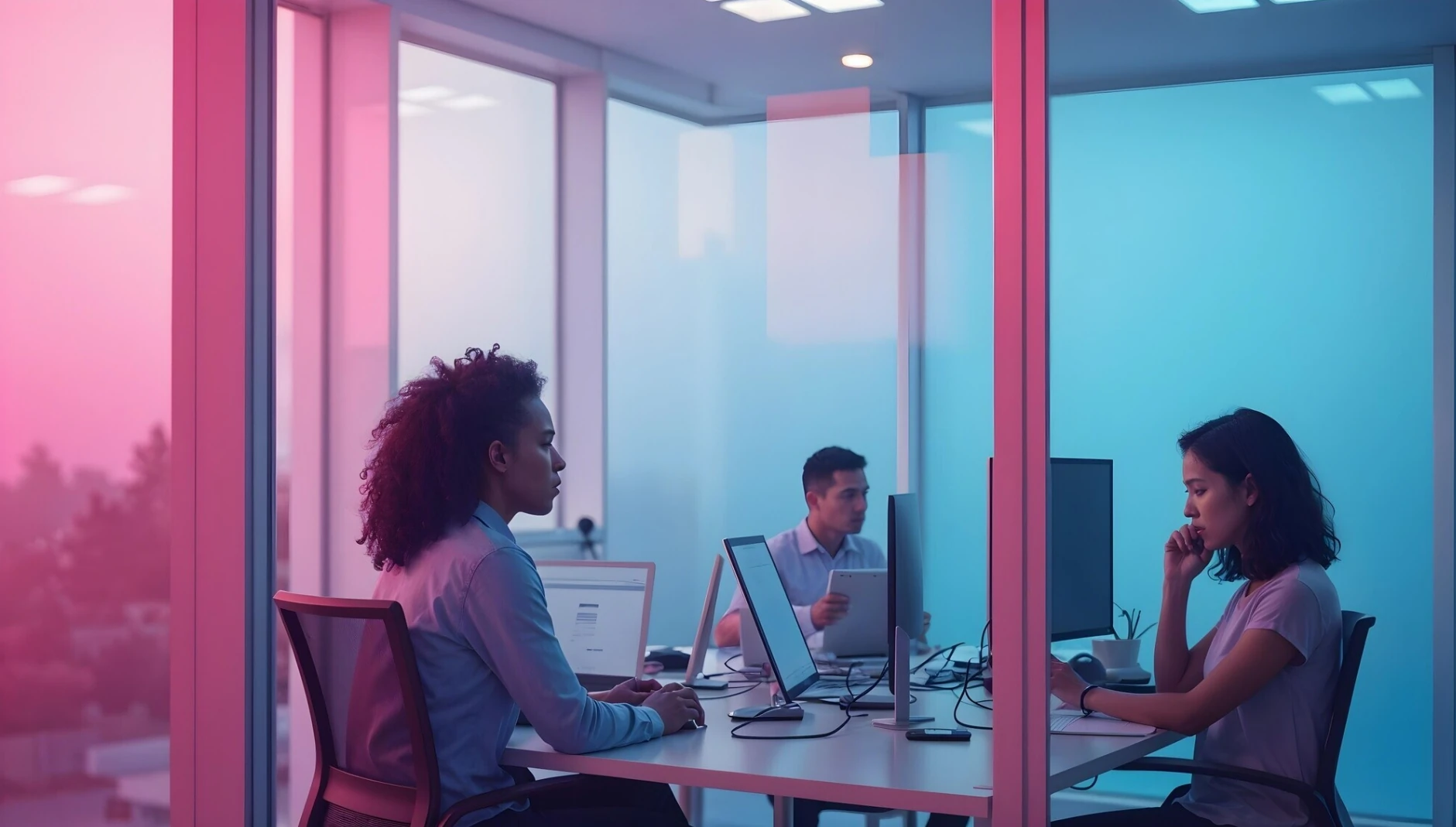 A modern office with three people working at computers, surrounded by glass walls and illuminated with pink and blue lighting.